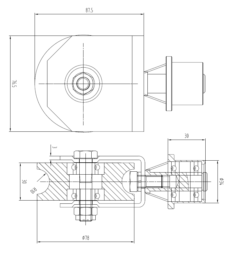 Esquema medidas rueda giratoria p. corredera diámetro 80 mm